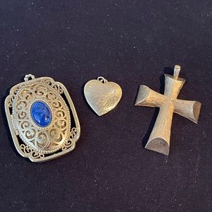 Vintage Gold Tone Avon Locket with Blue Stone Vintage Cross Pendant & Heart